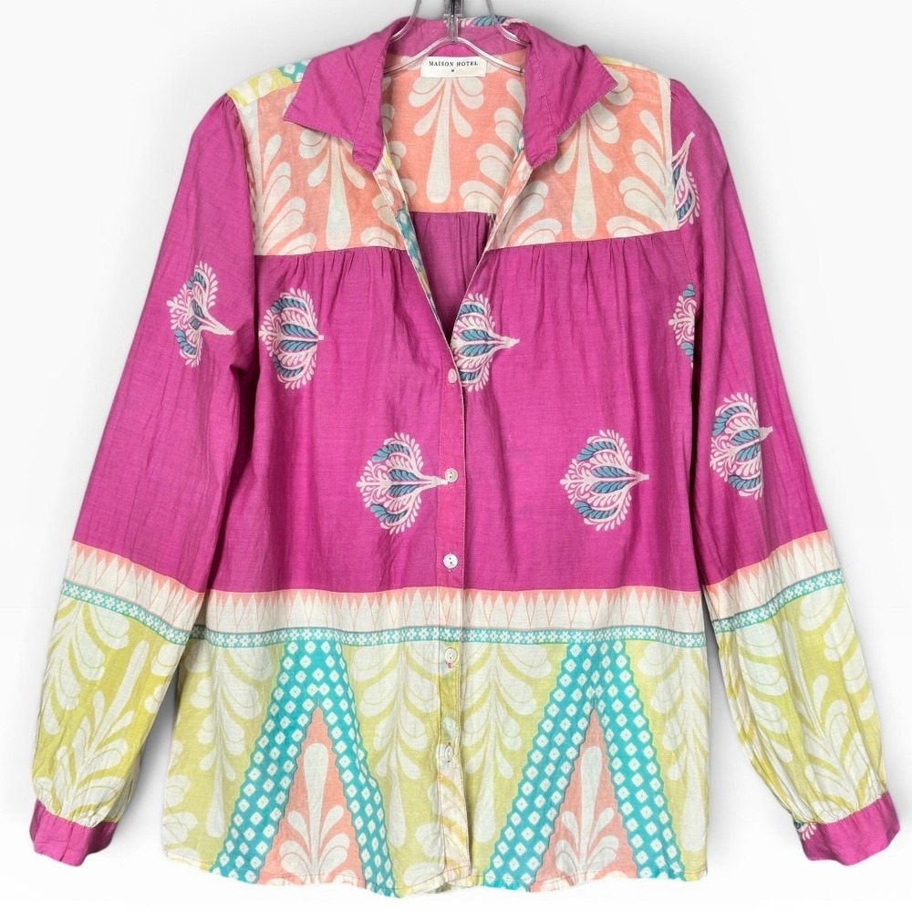 Maison Hotel Button Down Blouse‎ Top Womens M Pink Multi Block Print Boho Cotton